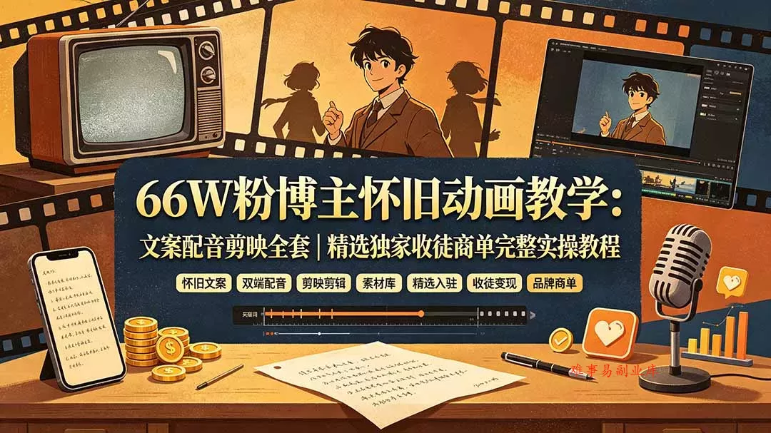 66W粉博主怀旧动画教学：文案配音剪映全套｜精选独家收徒商单完整实操教程-难事易副业库