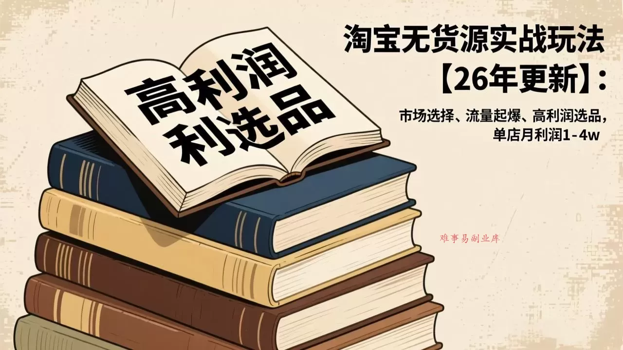 淘宝无货源实战玩法【26年更新】：市场选择、流量起爆、高利润选品，单店月利润1-4w-难事易副业库