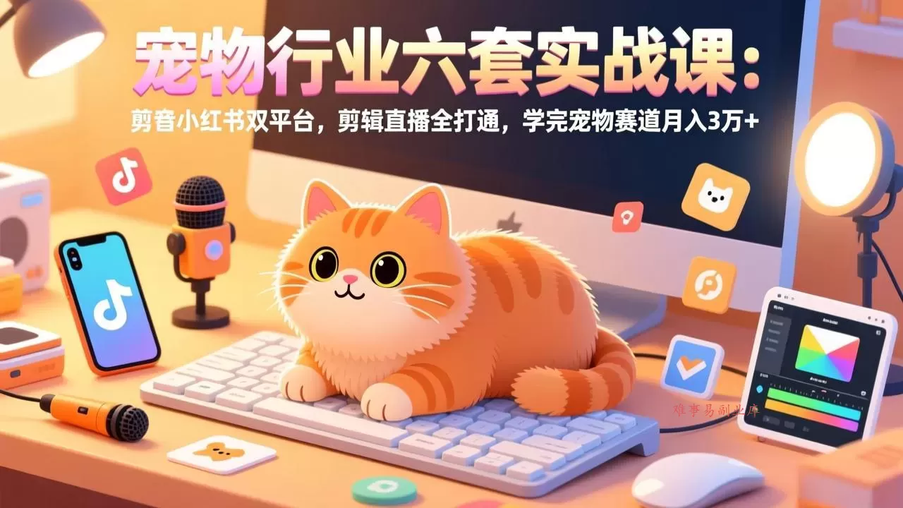 宠物行业六套实战课：抖音小红书双平台，剪辑直播全打通，学完宠物赛道月入3万+-难事易副业库
