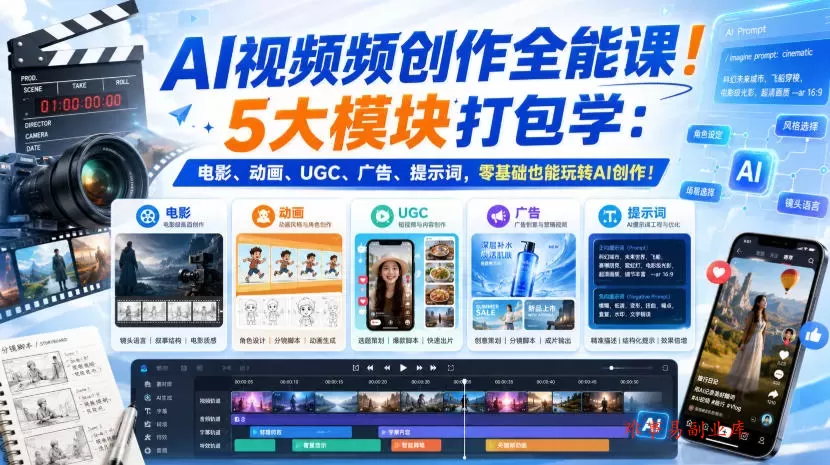 AI视频频创作全能课！5大模块打包学：电影、动画、UGC、广告、提示词，零基础也能玩转AI创作！【原创双语字幕】-难事易副业库