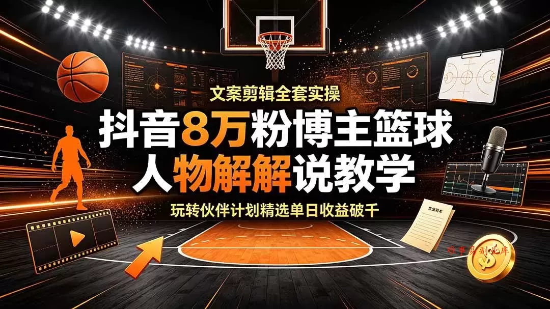 （19135期）抖音8万粉博主篮球人物解说教学，文案剪辑全套实操，玩转伙伴计划精选单日收益破千-难事易副业库