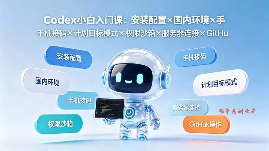 （19402期）Codex小白入门课：安装配置×国内环境×手机接码×计划目标模式×权限沙箱×服务器连接×GitHub操作-难事易副业库