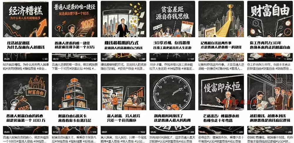 AI书单财富书籍图文解读：手绘黑白风格×一键直出×几十条视频跑1000单×全流程拆解×新手可上手