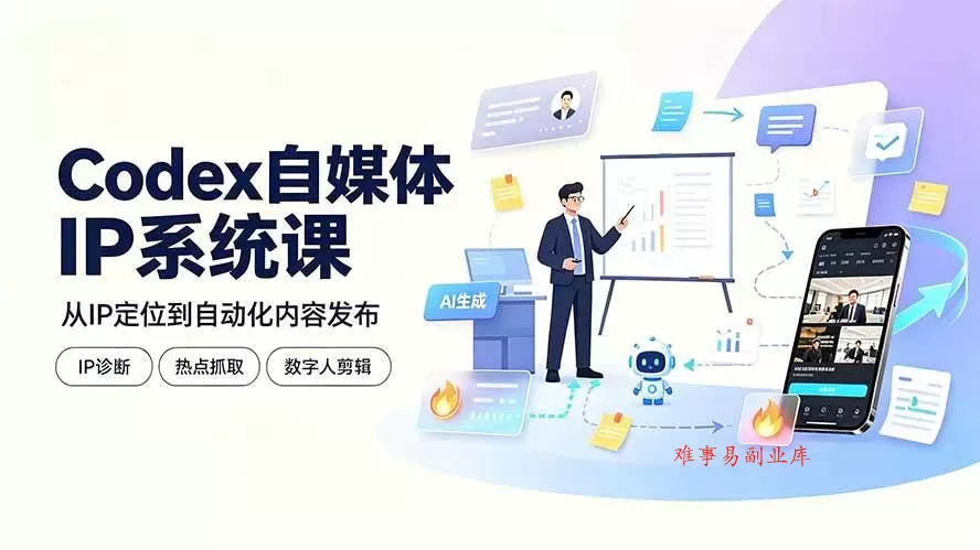 （19258期）Codex自媒体IP系统课：IP诊断/热点抓取/IP蒸馏 Skill，爆款复刻数字人多平台自动发布教程-难事易副业库