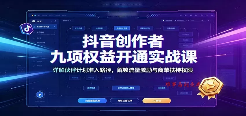 抖音创作者九项权益开通实战课：详解伙伴计划准入路径，解锁流量激励与商单扶持权限-难事易副业库