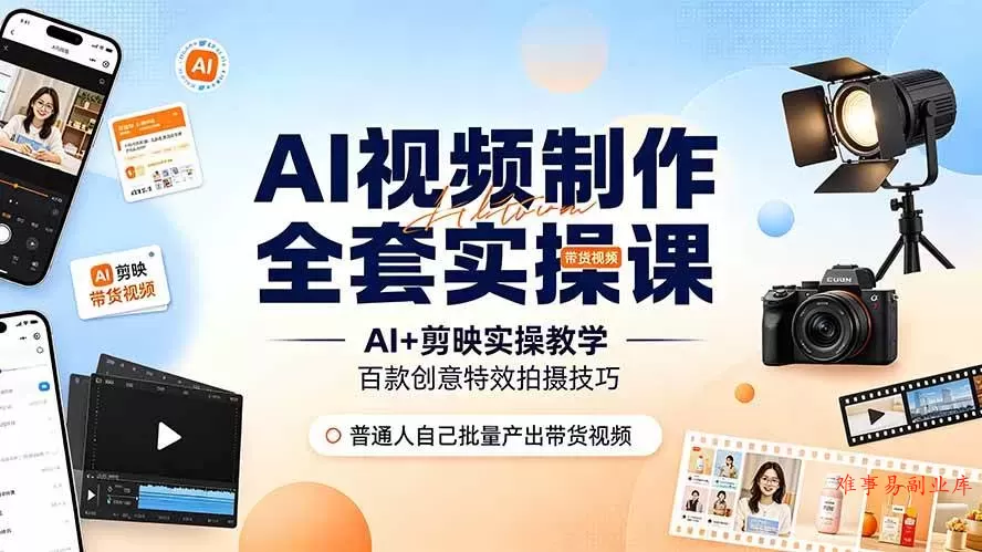 （19200期）AI视频制作全套实操课，多款AI工具搭配剪映教学，百种特效运镜拍摄实操，抖音账号带货运营全覆盖-难事易副业库