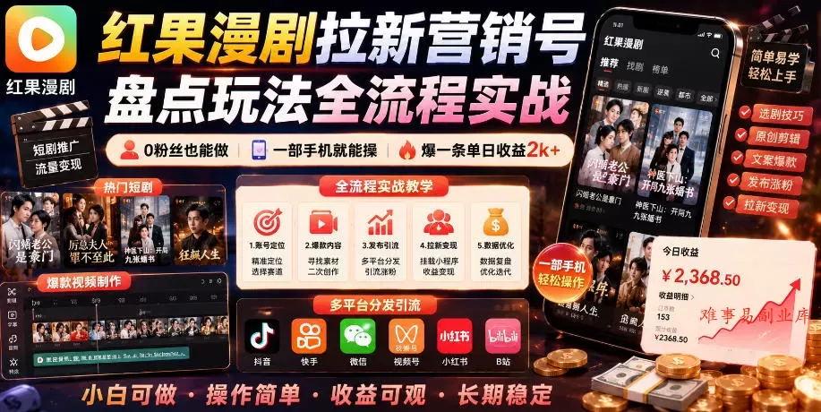 红果漫剧拉新营销号盘点玩法全流程实战，0粉丝也能做，一部手机就能做，爆一条单日收益2k+-难事易副业库