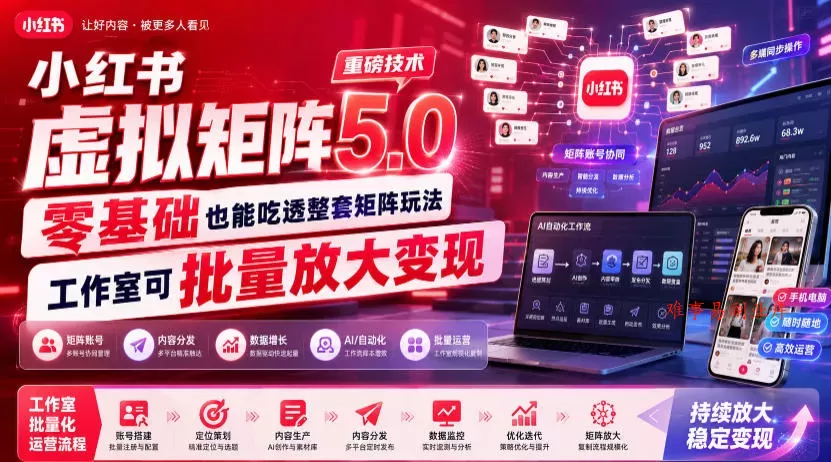 小红书虚拟矩阵5.0重磅技术，零基础也能吃透整套矩阵玩法，工作室可批量放大变现-难事易副业库