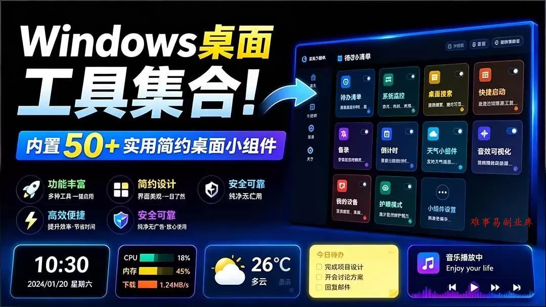 （19585期）Windows桌面工具集合！内置50+实用简约桌面小组件，含截图、录屏、翻译、天气等，多秘工具箱-难事易副业库