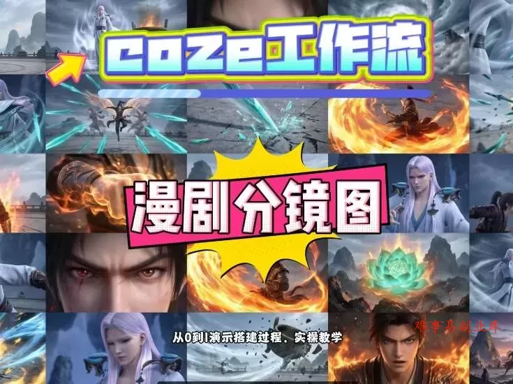 通过Coze工作流，制作《动漫分镜图》，两分钟制作完成25宫格分镜图，从0到1演示搭建过程，实操教学-难事易副业库