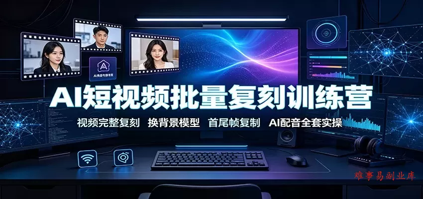 AI短视频批量复刻训练营：视频完整复刻，换背景模型、首尾帧复制、AI配音全套实操-难事易副业库