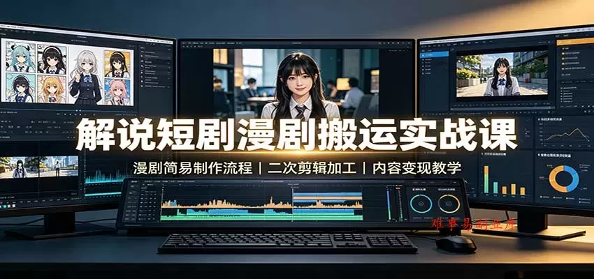 解说短剧漫剧搬运实战课：漫剧简易制作流程，二次剪辑加工，内容变现教学-难事易副业库