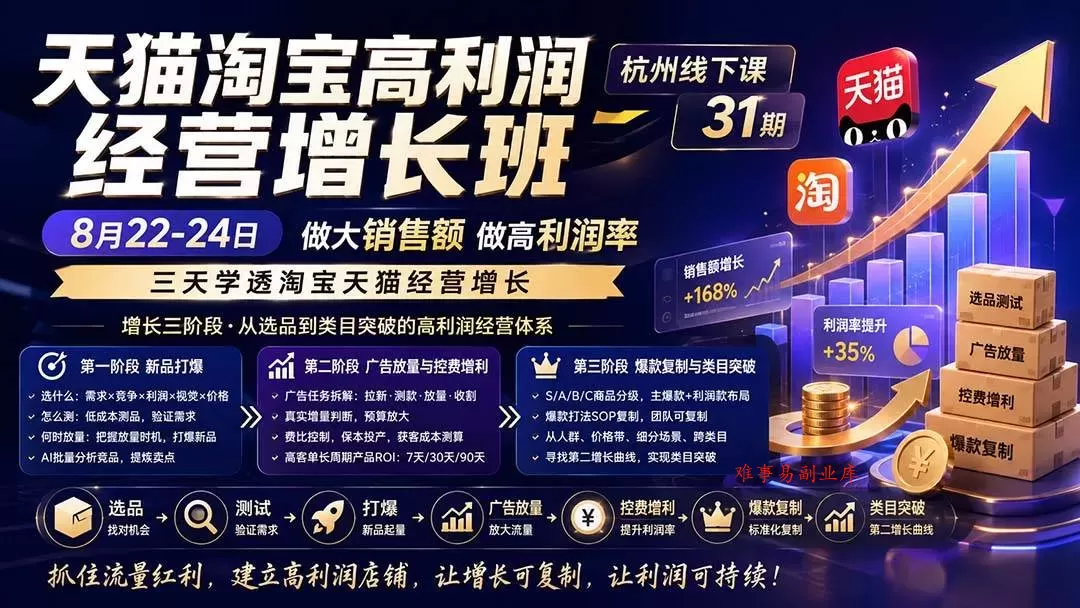 （20148期）天猫淘宝高利润经营增长班杭州线下课31期8月22-24日，做大销售额做高利润率，三天学透淘宝天猫经营增长-难事易副业库