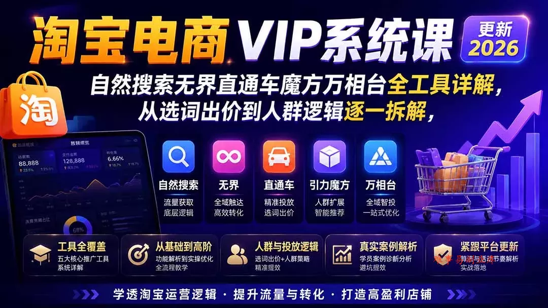 2026淘宝电商终局之战VIP课-更新：自然搜索+直通车+无界+精准人群，系统掌握测款动销与全店推广布局方法-难事易副业库