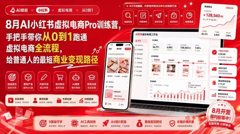 8月AI小红书虚拟电商Pro训练营，手把手带你从0到1跑通虚拟电商全流程，给普通人的最短商业变现路径-难事易副业库