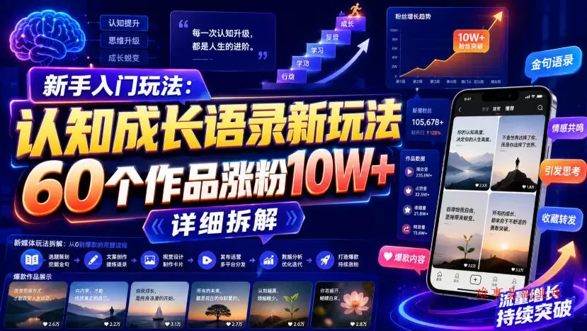 新手入门玩法：认知成长语录新玩法，60个作品涨粉10W+，详细拆解-难事易副业库
