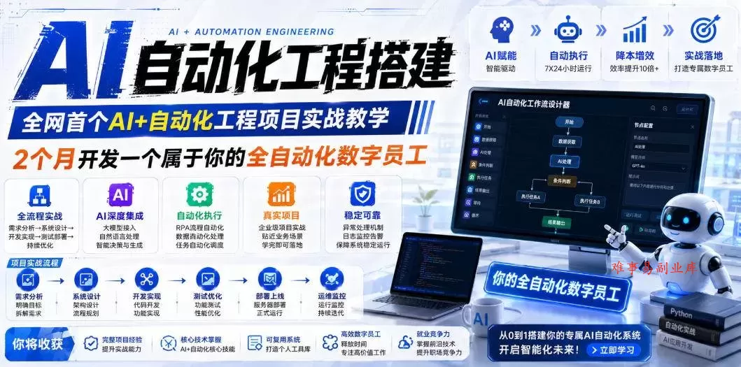 （19090期）AI自动化工程全栈实战：2个月开发全自动化数字员工，大模型+工作流+RPA+部署一站式掌握-难事易副业库