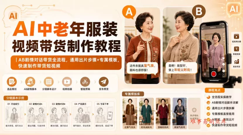 AI中老年服装视频带货制作教程｜AB剧情对话带货全流程，通用出片步骤+专属模板，快速制作带货短视频-难事易副业库