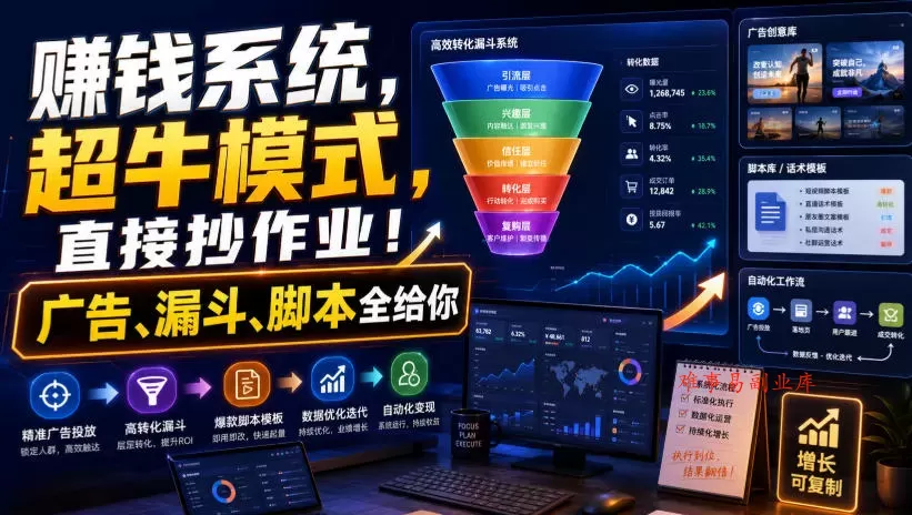 賺钱系统，超牛模式，直接抄作业！广告、漏斗、脚本全给你【原创双语字幕】-难事易副业库