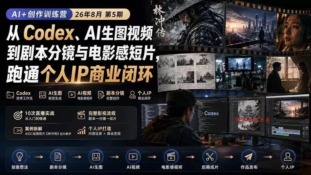 （20145期）AI+创作训练营26年8月第5期：从Codex、AI生图视频到剧本分镜与电影感短片，跑通个人IP商业闭环