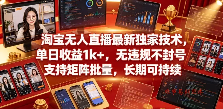 淘宝无人直播最新独家技术，单日收益1k+，无违规不封号，支持矩阵批量，长期可持续【揭秘】-难事易副业库