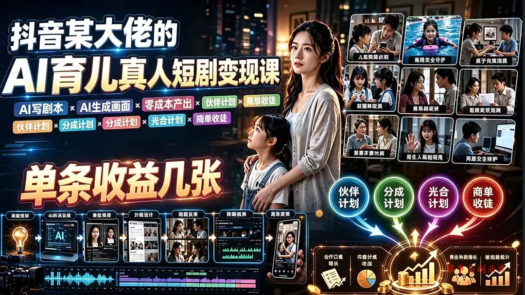 AI育儿真人短剧变现课:AI写剧本×AI生成画面×零成本产出×伙伴计划×分成计划×光合计划×商单收徒 AI育儿真人短剧变现课:AI写剧本×AI生成画面×零成本产出×伙伴计划×分成计划×光合计划×商单收徒