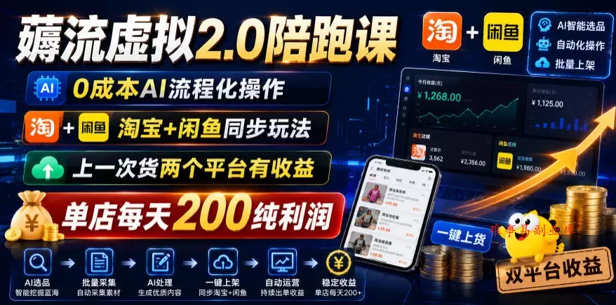 薅流虚拟2.0陪跑课,0成本AI流程化操作,淘宝+闲鱼同步玩法,上一次货两个平台有收益,单店每天200纯利润 薅流虚拟2.0陪跑课,0成本AI流程化操作,淘宝+闲鱼同步玩法,上一次货两个平台有收益,单店每天200纯利润