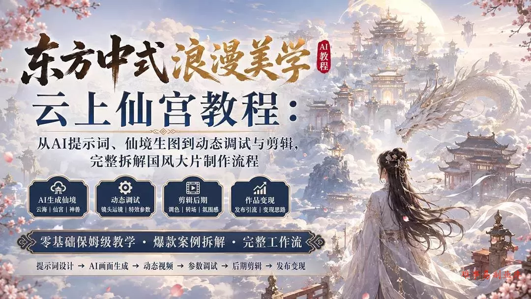 （20147期）东方中式浪漫美学云上仙宫教程：从AI提示词、仙境生图到动态调试与剪辑，完整拆解国风大片制作流程-难事易副业库
