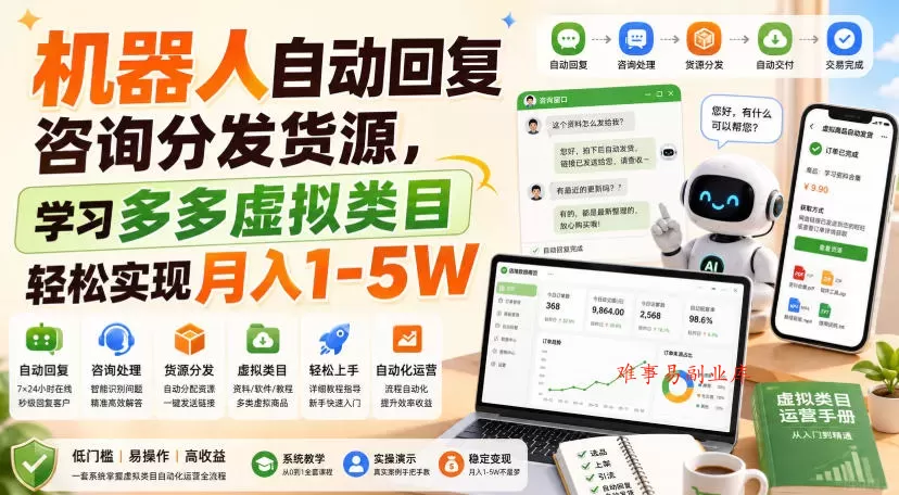 机器人自动回复咨询分发货源，学习多多虚拟类目轻松实现月入1-5W【揭秘】-难事易副业库