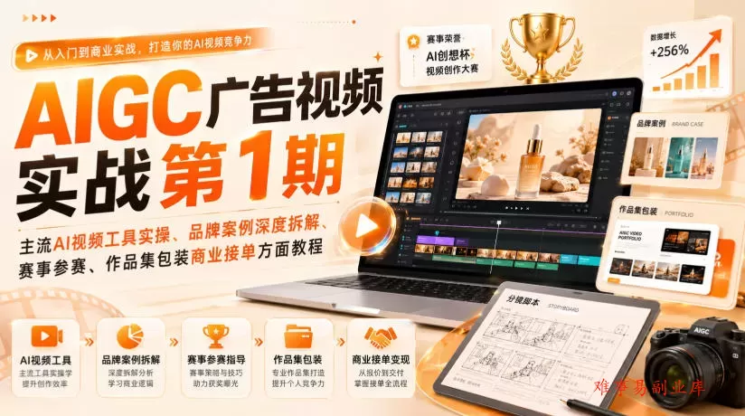 AIGC广告视频实战第1期，主流AI视频工具实操、品牌案例深度拆解、赛事参赛、作品集包装商业接单方面教程-难事易副业库