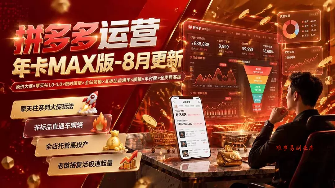 拼多多运营年卡MAX版-8月：原价大促×擎天柱1.0-3.0×限时限量×全站营销×非标品直通车×瞬烧×半付费×全类目实操-难事易副业库
