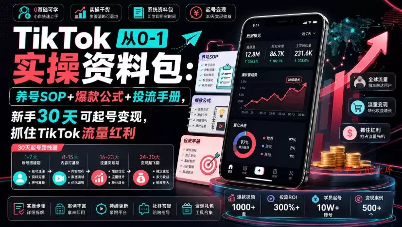 TikTok从0-1实操资料包：养号SOP+爆款公式+投流手册，新手30天可起号变现，抓住TikTok流量红利-难事易副业库