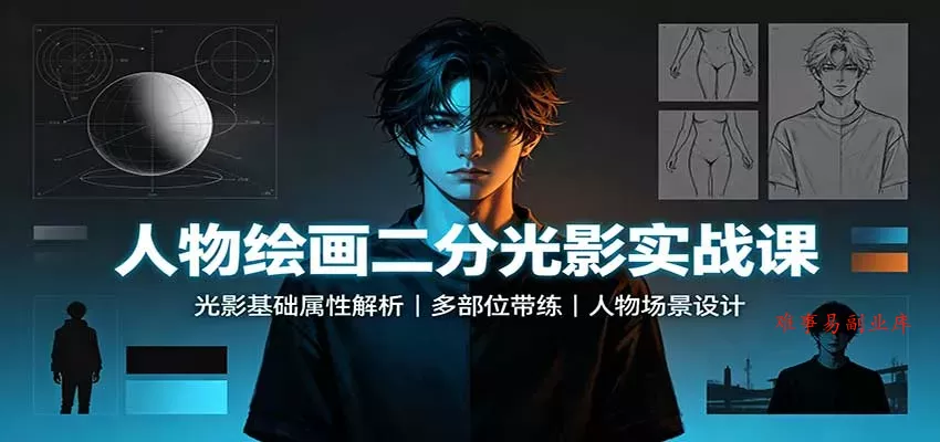 人物绘画二分光影实战课：光影基础属性解析，多部位带练，人物场景设计-难事易副业库