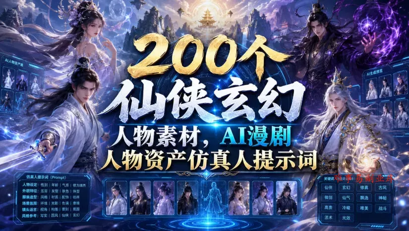 200个仙侠玄幻人物素材，AI漫剧人物资产仿真人提示词-难事易副业库