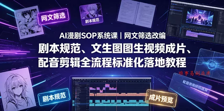 AI漫剧SOP系统课｜网文筛选改编、剧本规范、文生图图生视频成片、配音剪辑全流程标准化落地教程（更新0810）-难事易副业库