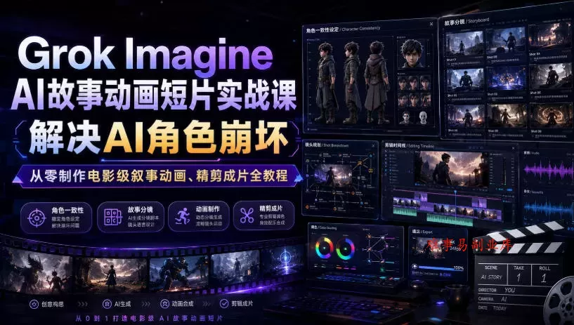 Grok Imagine AI故事动画短片实战课｜解决AI角色崩坏，从零制作电影级叙事动画、精剪成片全教程（中英字幕）-难事易副业库