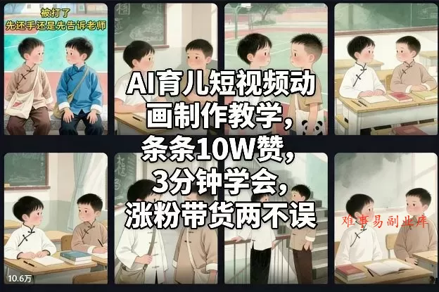 AI育儿短视频动画制作教学，条条10W赞，3分钟学会，涨粉带货两不误-难事易副业库