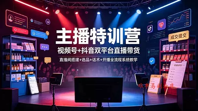 主播特训营：视频号+抖音双平台直播带货，直播间搭建+选品+话术+开播全流程系统教学-难事易副业库