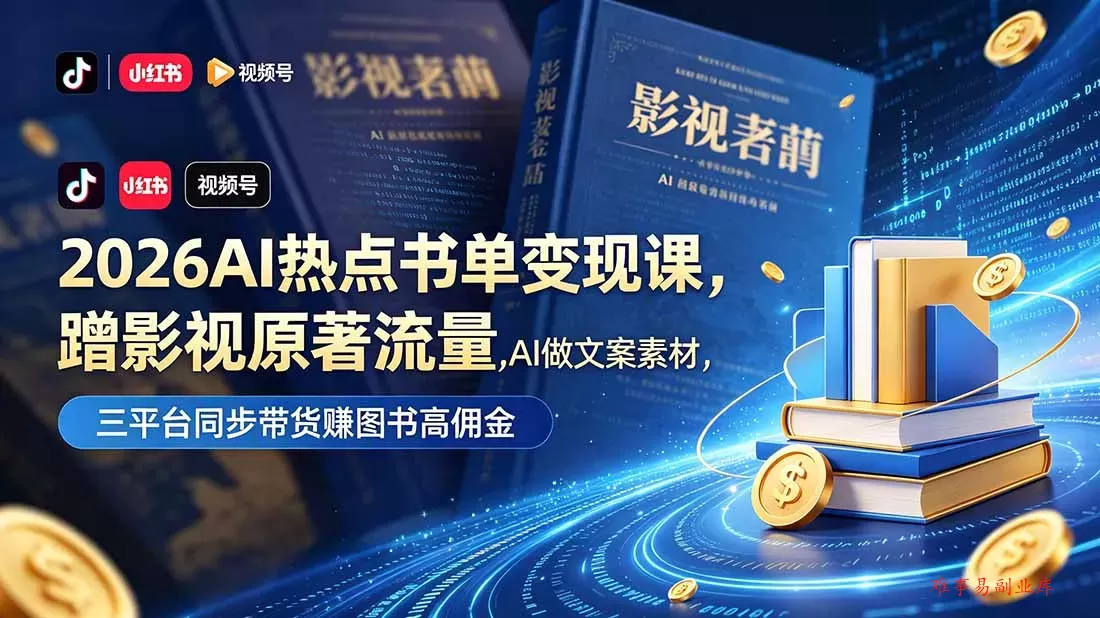 2026AI热点书单变现课，蹭影视原著流量，AI做文案素材，三平台同步带货赚图书高佣金-难事易副业库