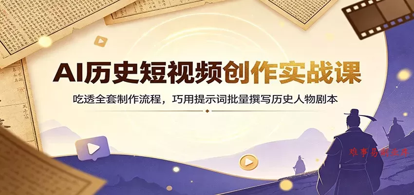 AI历史短视频创作实战课：吃透全套制作流程，巧用提示词批量撰写历史人物剧本-难事易副业库