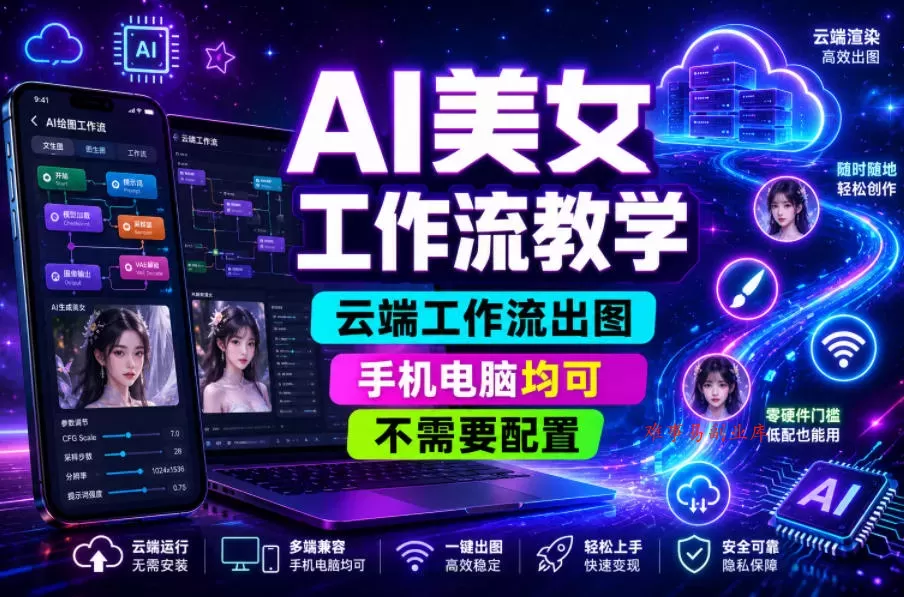 AI美女工作流教学，云端工作流出图，手机电脑均可，不需要配置，快速起号涨粉-难事易副业库