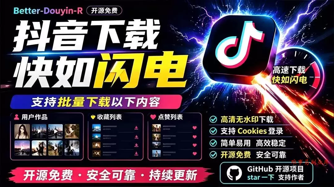 （19445期）别再乱找了！D音下载快如闪电，支持批量下载用户作品收藏列表和点赞列表，开源免费 Better-douyin-R