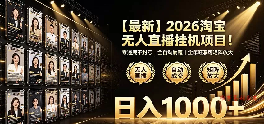 最新2026淘宝无人直播挂机项目！零违规不封号，全自动躺赚，日入1000+-难事易副业库