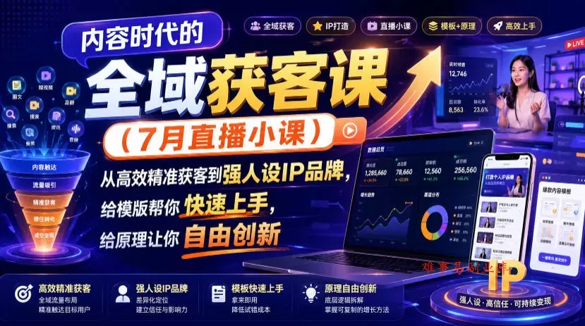 内容时代的全域获客课（7月直播小课），从高效精准获客到强人设IP品牌，给模版帮你快速上手，给原理让你自由创新-难事易副业库