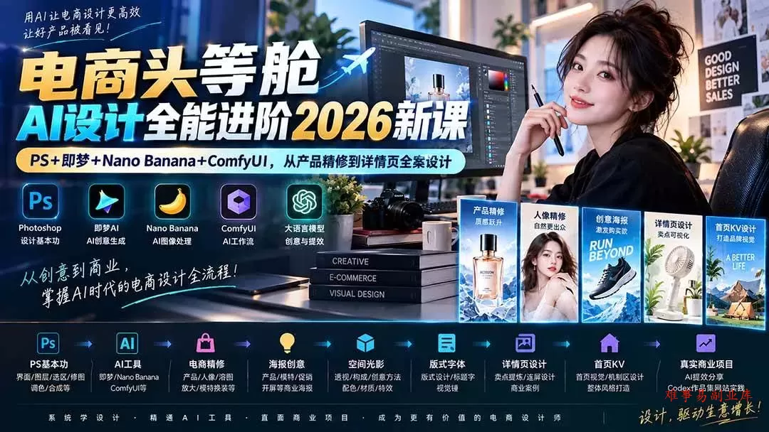 （20284期）电商头等舱AI设计全能进阶2026新课：PS+即梦+Nano Banana+ComfyUI，从产品精修到详情页全案设计-难事易副业库
