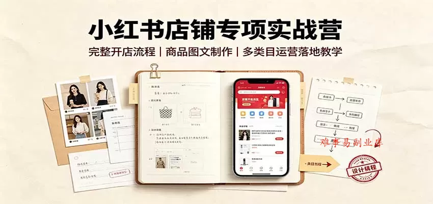 小红书店铺专项实战营：完整开店流程，商品图文制作，多类目运营落地教学-难事易副业库
