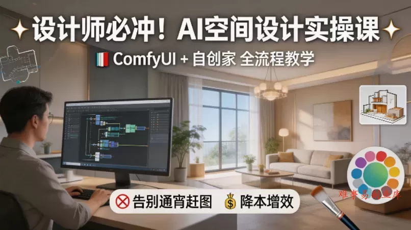 设计师必冲！AI空间设计实操课，ComfyUI+自创家全教学，告别通宵赶图，降本增效-难事易副业库