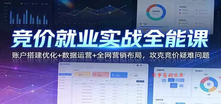 竞价就业实战全能课：账户搭建优化+数据运营+全网营销布局，攻克竞价疑难问题-难事易副业库