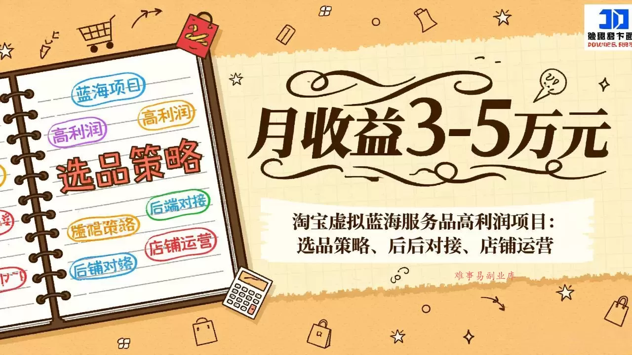 淘宝虚拟蓝海服务品高利润项目：选品策略、后端对接、店铺运营，月收益可达3-5万元-难事易副业库
