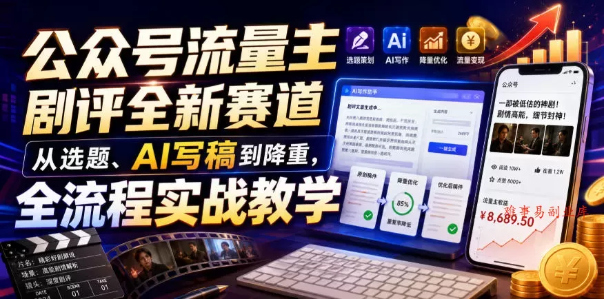 公众号流量主剧评全新赛道，从选题、AI写稿到降重，全流程实战教学-难事易副业库